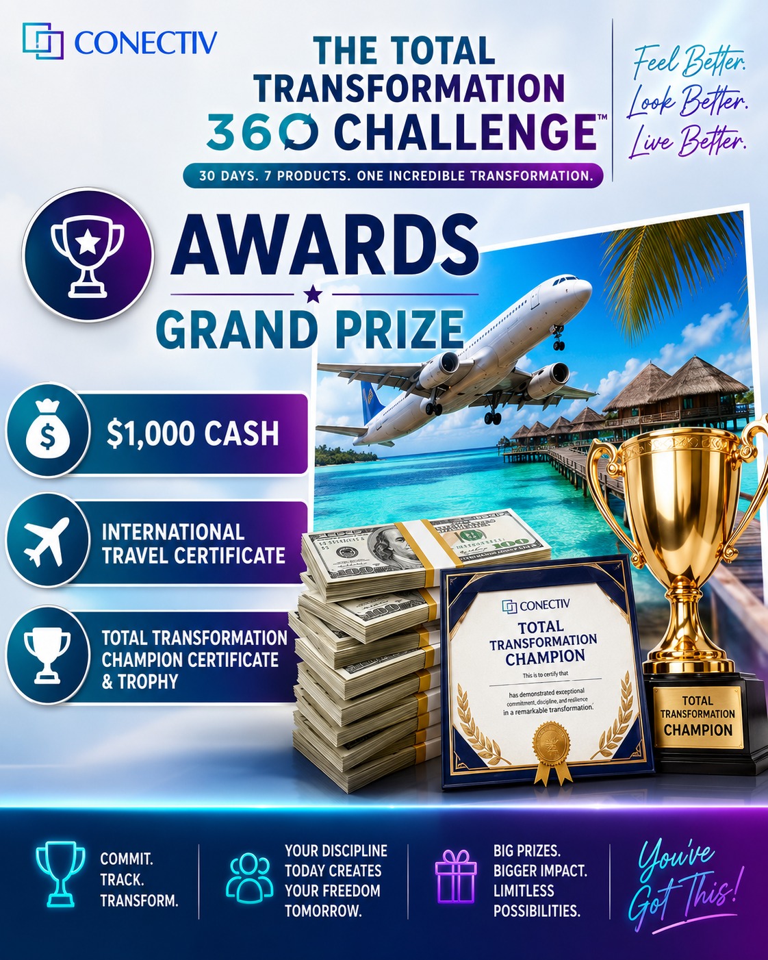 Grand prize — international travel, cash, and championship trophy